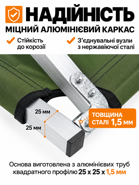 Розкладачка Ranger Military Steel, похідне ліжко 189×72,5 см, сталева рама, Oxford 600D, до 120 кг, зелена - изображение 4