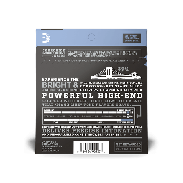 Струны для бас-гитары D'Addario EPS300-5 XL PROSTEELS BASS Custom Light Top/Med Bottom (43-127) - изображение 3