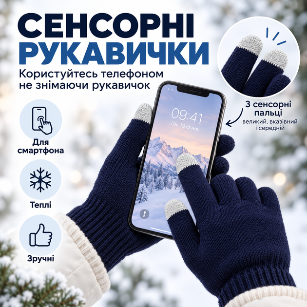Перчатки зимние сенсорные с начесом, теплые вязаные перчатки для сенсорного экрана, унисекс синий KT9002707 - изображение 2