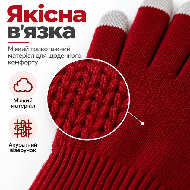 Перчатки зимние сенсорные с начесом, теплые вязаные варежки для сенсорного экрана, унисекс красные KT9002701 - изображение 5