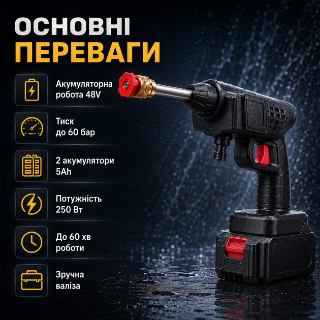Мийка високого тиску акумуляторна LEO TOOLS 250 Вт 60 бар з подвійним акумулятором - зображення 4