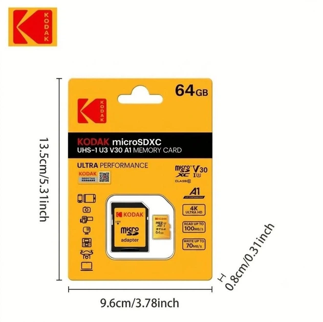 Карта памяти KODAK microSDXC 64GB UHS-I U3 V30 A1 (100 MB/s) с SD-адаптером - Высокоскоростная карта памяти для смартфонов, видеорегистраторов, экшн-камер и 4K Ultra HD видео - изображение 2