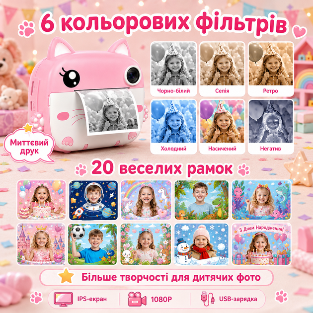 Дитяча камера миттєвого друку з двома об’єктивами, IPS-екраном 2,4″, відео 1080P, селфі та фоторамками - зображення 3