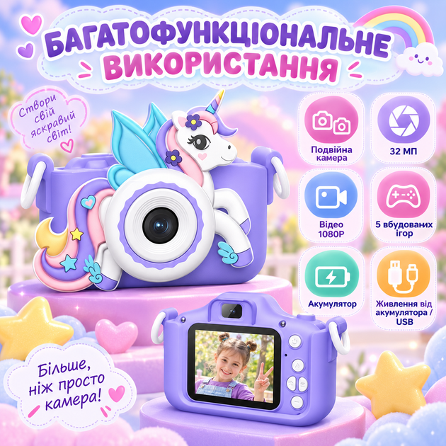 Дитяча цифрова камера у дизайні єдинорога з подвійною камерою, фото до 32 МП, відео 1080P, 8X зумом та 2" екраном - зображення 2