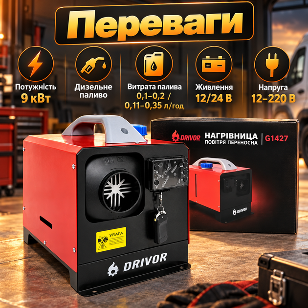 Автономный дизельный обогреватель DRIVOR G1427 9 кВт 12/24 В Bluetooth Webasto с пультом ДУ дисплеем переносная автономка для авто гаража помещений 20–50 м² - изображение 2