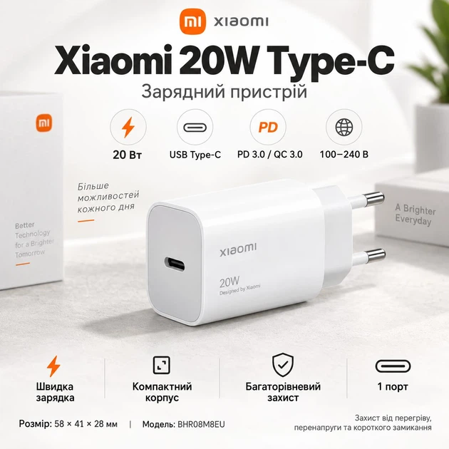 Зарядний Блок Xiaomi 20W Type-C для Швидкого Заряджання White (BHR08M8EU) (Power Delivery) (Fast Charging) - Фото 1 Зарядний Блок Xiaomi 20W Type-C для Швидкого Заряджання White (BHR08M8EU) (Power Delivery) (Fast Charging) - изображение 1