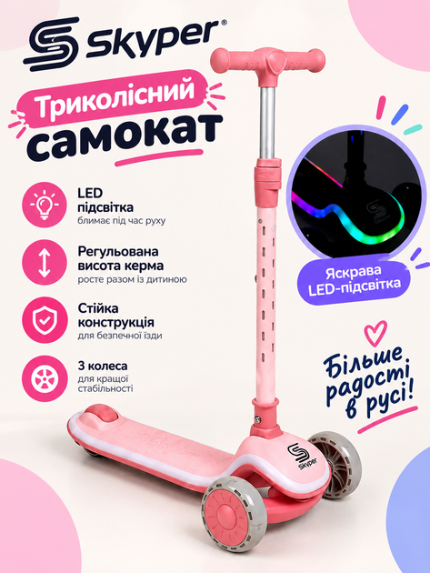 Трёхколёсный самокат Skyper LS-4801 с подсветкой, PU-колёсами 125×35 мм и складным рулём - Фото 1 Трёхколёсный самокат Skyper LS-4801 с подсветкой, PU-колёсами 125×35 мм и складным рулём - изображение 1