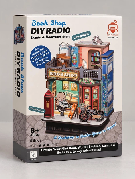 3D деревянный конструктор-румбокс с радио и LED-подсветкой "Bookshop" DIY интерьерный кукольный домик - Фото 1 3D деревянный конструктор-румбокс с радио и LED-подсветкой "Bookshop" DIY интерьерный кукольный домик - изображение 1