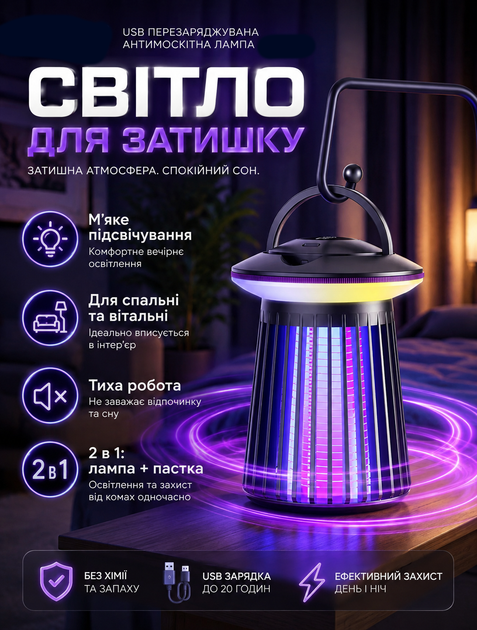 Лампа уничтожитель комаров электрическая 5 Вт аккумулятор 2000 мАч Type C зарядка ультрафиолетовая 13х8,5 см 220 г с подсветкой - изображение 7