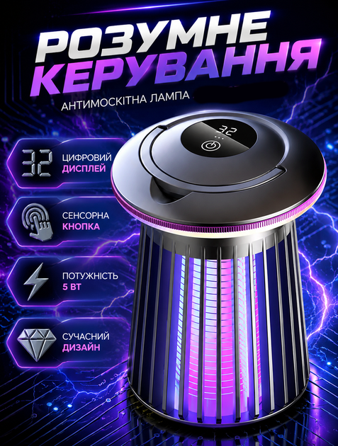 Лампа уничтожитель комаров электрическая 5 Вт аккумулятор 2000 мАч Type C зарядка ультрафиолетовая 13х8,5 см 220 г с подсветкой - изображение 8
