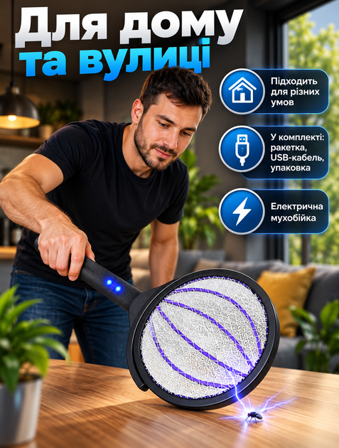 Электрическая мухобойка-ракетка для дома и дачи с телескопической ручкой 48–89 см USB Type-C 1200 мАг и ультрафиолетовой подсветкой - изображение 2