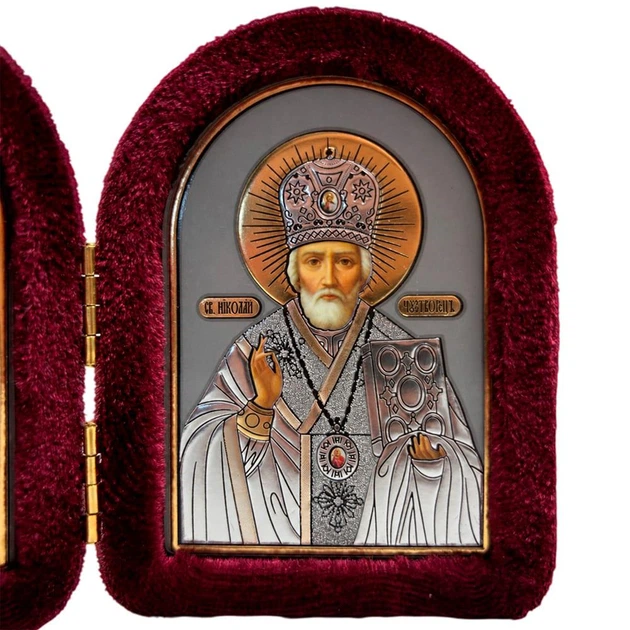 Ікона-складень "Богородиця Семистрільна та Микола Чудотворець" в оксамиті арочна бордова 6х8 см - зображення 3