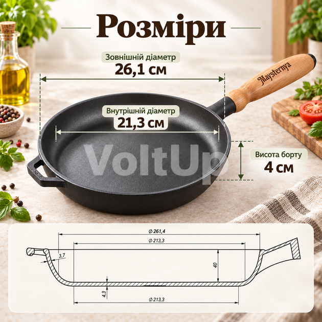 Чугунная сковорода Maysternya Т303С3 26×4 см со стеклянной крышкой и деревянной ручкой для всех видов плит и духовки - изображение 2