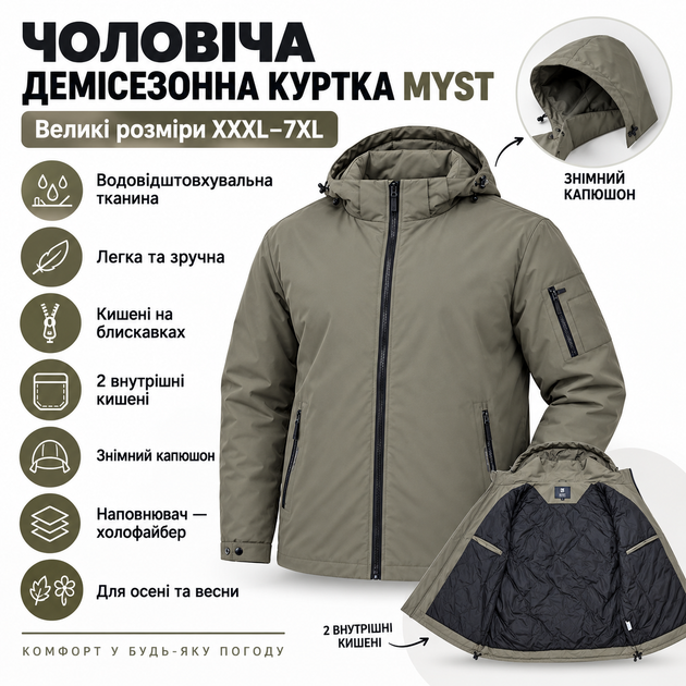 Куртка чоловіча Myst демісезонна з капюшоном, що відстібається,Оливковий, 5XL - зображення 5