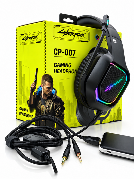 Ігрові навушники Cyberpunk CP-007, дротові, 50 мм, 3.5 мм + USB, мікрофон, RGB, чорні - изображение 3