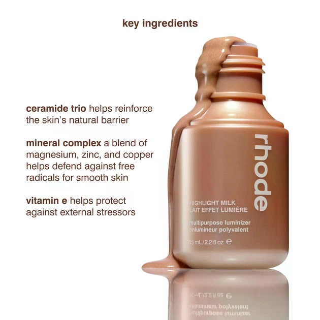 Зволожуючий хайлайтер Rhode Highlight Milk Multipurpose Luminizer, 03 - pearly warm bronze, 65 ml - Фото 4 Зволожуючий хайлайтер Rhode Highlight Milk Multipurpose Luminizer, 03 - pearly warm bronze, 65 ml - зображення 4