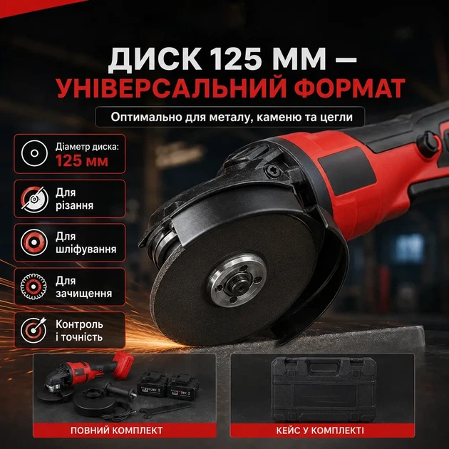 Аккумуляторная бесщеточная угловая шлифмашина 24 В 5 Ah, болгарка 125 мм, 8500 об/мин, 2 АКБ в кейсе (10001) - изображение 7
