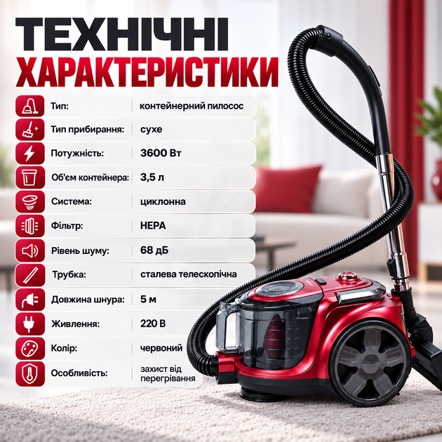 Пылесос Sokany SK-13003 3600 Вт с контейнером 3,5 л и HEPA-фильтром - изображение 6