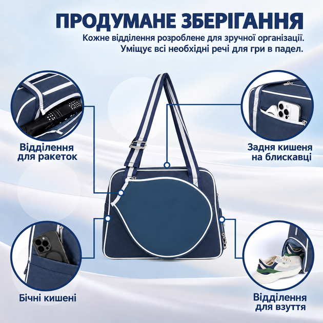 Сумка для падел тенісу спортивний для перенесення форми спортивного інвентарю та аксесуарів, колір сіро-синій Q25-017_grey - Фото 5 Сумка для падел тенісу спортивний для перенесення форми спортивного інвентарю та аксесуарів, колір сіро-синій Q25-017_grey - зображення 5