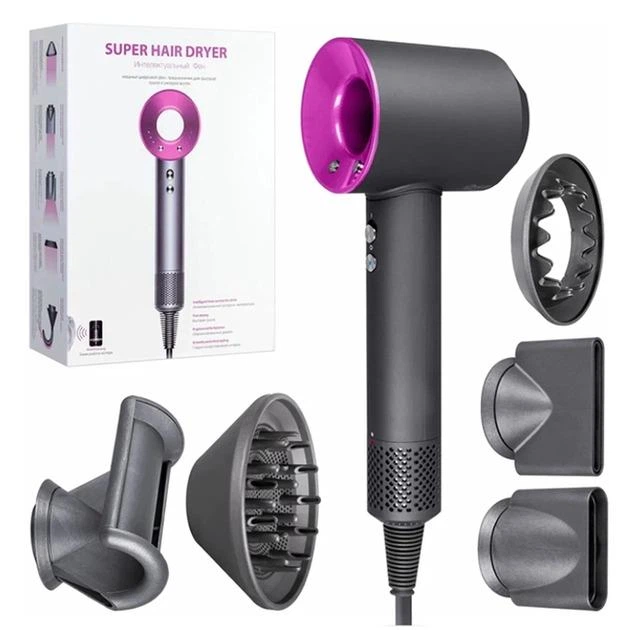 Профессиональный фен стайлер для волос Super Hair Dryer 1600 Вт + 5в1 насадок, серый/фуксия - Фото 9 Профессиональный фен стайлер для волос Super Hair Dryer 1600 Вт + 5в1 насадок, серый/фуксия - изображение 9