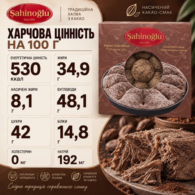 Халва кунжутная Sahinoglu 350 г с какао тахинная халва из семян кунжута восточные сладости с какао волокнистый десерт готовый к употреблению к чаю кофе для десертов выпечки - Фото 3 Халва кунжутная Sahinoglu 350 г с какао тахинная халва из семян кунжута восточные сладости с какао волокнистый десерт готовый к употреблению к чаю кофе для десертов выпечки - изображение 3