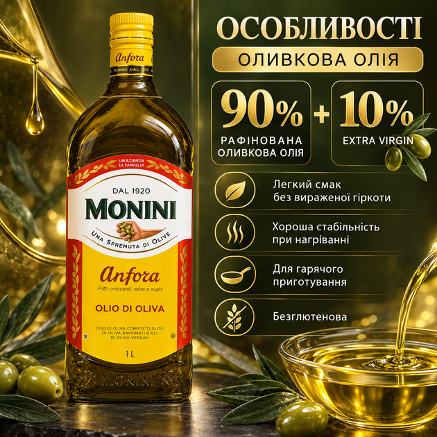 Оливкова олія Anfora 1 л рафінована оливкова олія 90% з 10% Extra Virgin олія для смаження запікання тушкування випічки соусів маринадів безглютенова у скляній пляшці - зображення 2
