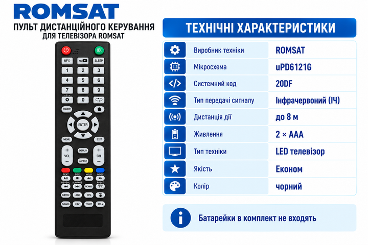 Пульт дистанційного керування (ДК) для телевізора ROMSAT модель 32HSH1930T2 - Фото 3 Пульт дистанційного керування (ДК) для телевізора ROMSAT модель 32HSH1930T2 - изображение 3