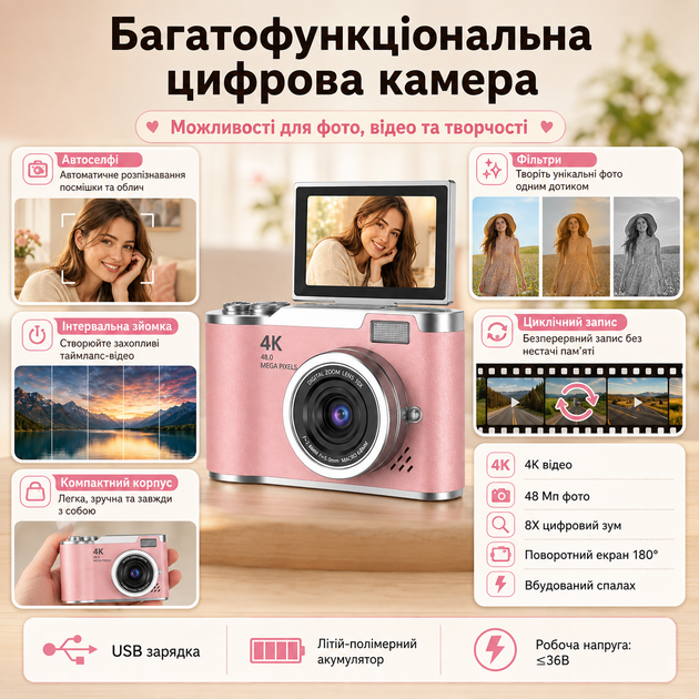 Компактна цифрова фотокамера з поворотним екраном 180°, автофокусом, фото до 48 Мп, відео 4K та 8X зумом - зображення 8