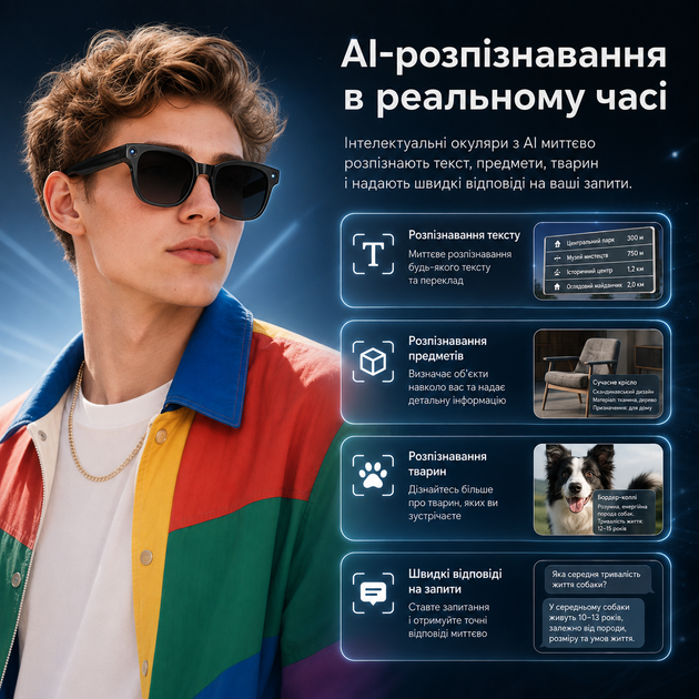 Розумні AI-окуляри з камерою 8 Мп, Wi-Fi, перекладом, Bluetooth-аудіо та керуванням через застосунок - зображення 8