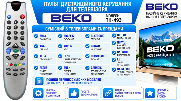 Пульт дистанційного керування для телевізора BEKO моделі TH-493 - изображение 2