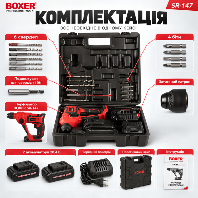 Акумуляторний перфоратор BOXER SR-147 SDS+ Li-Ion для бетону, цегли та ремонту - зображення 6