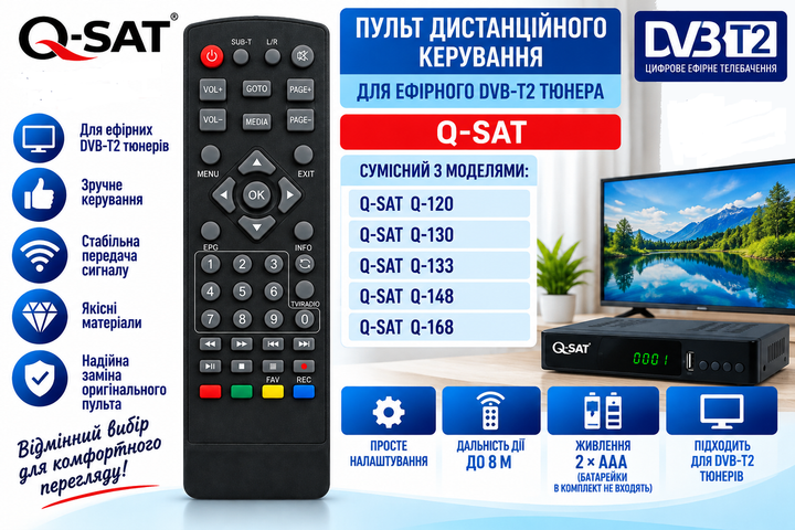 Пульт дистанційного керування (ДК) для ефірного DVB-Т2 тюнера Q-SAT Q-120, Q-130, Q-133, Q-148, Q-168 - изображение 2