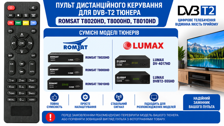 Пульт дистанційного керування для DVB-Т2 тюнера ROMSAT T8020HD, T8000HD, T8010HD - изображение 2