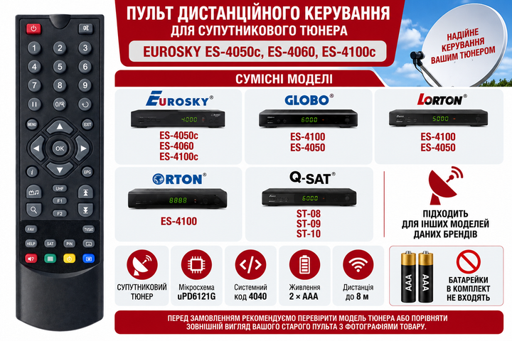 Пульт дистанційного керування (ДК) для супутникового тюнера EUROSKY ES-4050С, ES-4060, ES-4100С - зображення 2