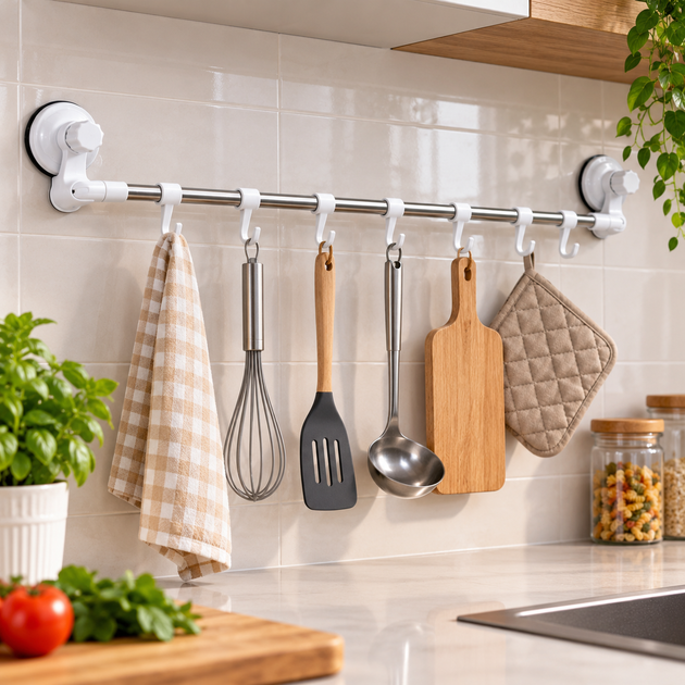 Вешалка для кухни ванной с крючками Telescopic от 60 до 110 см / Полотенцесушитель / Держатель для полотенец - изображение 2