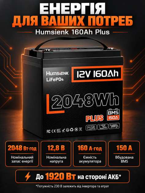 Акумулятор Humsienk 12V 160Ah Plus LiFePO4 12 В 160 Ah 2048 Вт·год BMS 150 А для резервного живлення квартири 160 ампер 6000 циклів для ДБЖ та інвертора 12в 2 кВт - зображення 7
