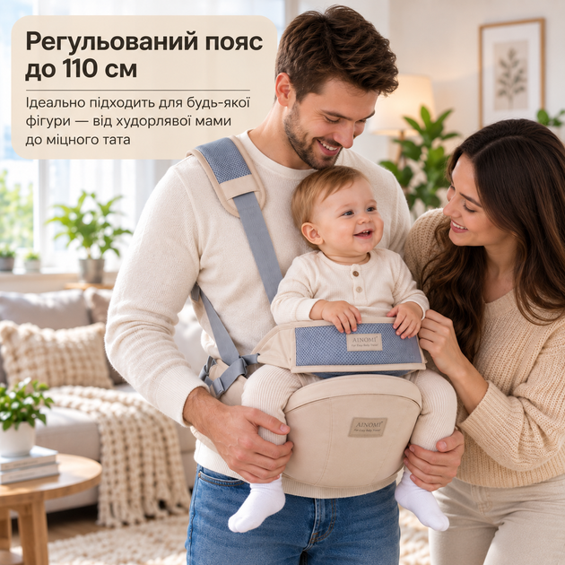 Хипсит переноска для ношения малыша на поясе (до 3-х лет, до 15 кг, размер пояса 67–110, бежевый) - Фото 2 Хипсит переноска для ношения малыша на поясе (до 3-х лет, до 15 кг, размер пояса 67–110, бежевый) - изображение 2