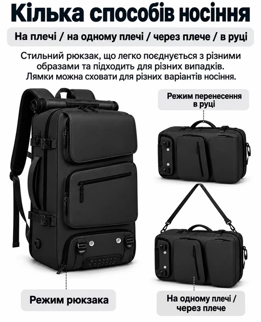Рюкзак міський туристичний для навчання роботи тренувань університету міста подорожей шкільний з USB-виходом чоловічий жіночий спортивний дорожній водонепроникний універсальний портфель в школу Чорний - зображення 11