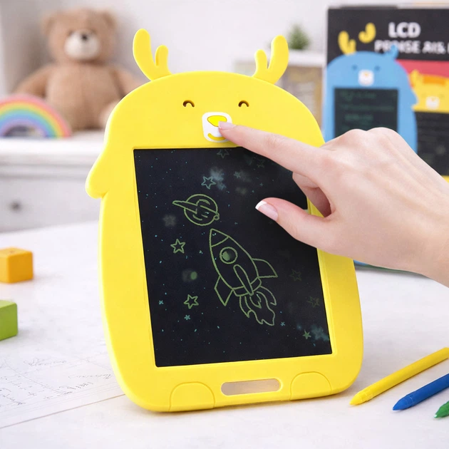 Графический планшет для рисования 9 дюймов детский LCD с цветным экраном и стилусом Желтый для творчества и обучения без бумаги 180x250 мм - изображение 2