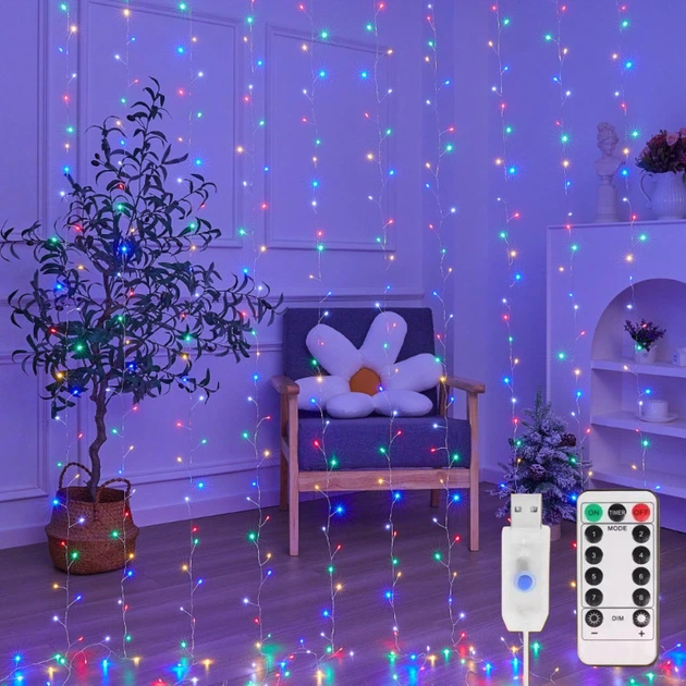 Гирлянда штора Мишура 3х3 м Феерверк (хвойная лапа) 900 LED от USB новогодняя светодиодная 8 режимов (разноцветная) - Фото 2 Гирлянда штора Мишура 3х3 м Феерверк (хвойная лапа) 900 LED от USB новогодняя светодиодная 8 режимов (разноцветная) - изображение 2
