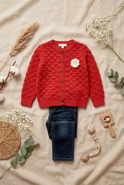 Кофта детская красная вязаная с цветком Kiddo красный 92 см - Фото 3 Кофта детская красная вязаная с цветком Kiddo красный 92 см - изображение 3