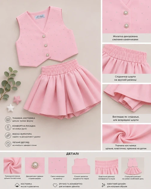 Комплект-двійка «Princess Style» жилетка та спідничка-шорти Kiddo Рожевий розмір 104 (KIDDO-B140B163FDF543BC8D85058FB404C73E) - зображення 4
