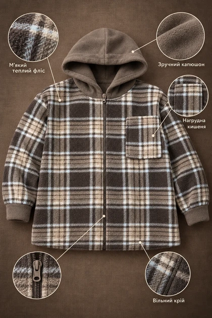 Кофта флісова -сорочка Cozy Check з капюшоном Kiddo Шоколад розмір 134 (KIDDO-8D290207D3B248D38247325188840C52) - зображення 3