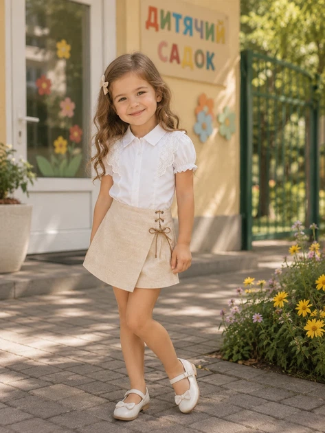 Комплект Linen Charm - блуза та спідничка-шорти Kiddo бежевий 92 см - Фото 2 Комплект Linen Charm - блуза та спідничка-шорти Kiddo бежевий 92 см - зображення 2