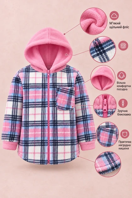 Кофта-рубашка флисовая Teddy Check на молнии Kiddo розовый 98 см - изображение 3