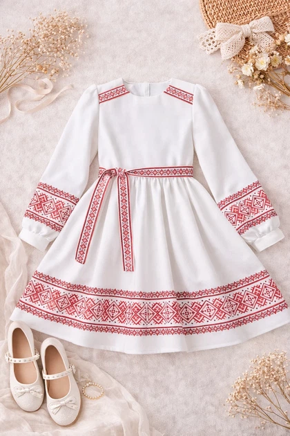 Плаття з українським орнаментом Kiddo білий 146 см - Фото 2 Плаття з українським орнаментом Kiddo білий 146 см - зображення 2