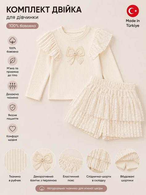 Комплект для девочки «Pearl» – лонгслив и юбка-шорты Kiddo молочный 104 см - изображение 3