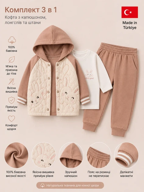 Комплект-тройка “Little Bunny” Kiddo бежевый 68 см - изображение 3