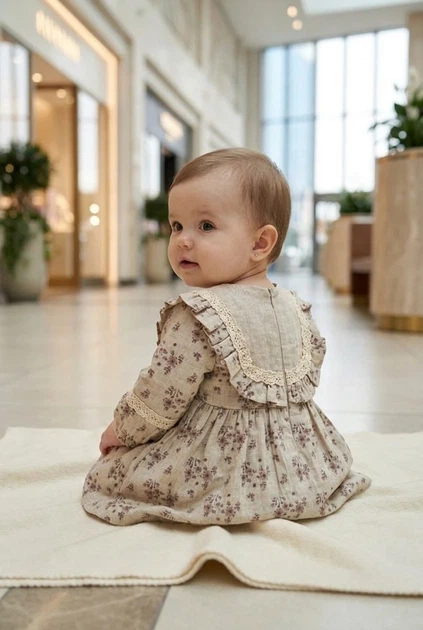 Платье из льняной ткани с кружевным воротником и цветочным принтом Kiddo бежевый 86 см - изображение 2