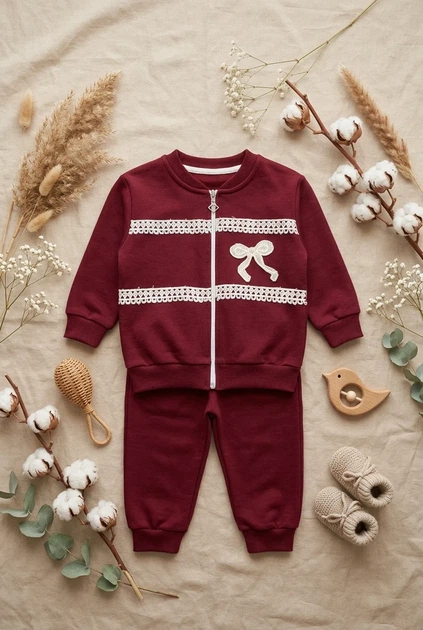 Костюм теплый бантиком «Bow love” Kiddo бордовый 92 см - Фото 2 Костюм теплый бантиком «Bow love” Kiddo бордовый 92 см - изображение 2
